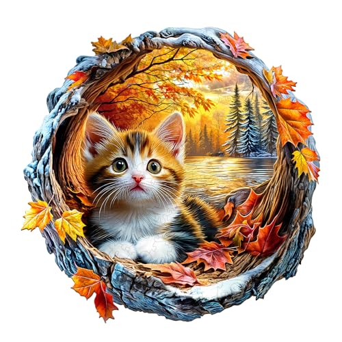 Holzpuzzle Erwachsene und Kinder, Kitten in Autumn Kreisförmige Einzigartige Puzzle, Holz Puzzle Erwachsene Mit Geschenkbox Aus Holz (L-280 Stück) von Hakumata