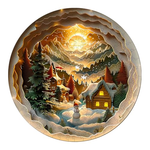 Holzpuzzle Erwachsene & Kinder: 3D Christmas Village-2 Rundpuzzle 200 Teile - Premium Geschenkbox für Wanddekor (29 * 29cm) von Hakumata