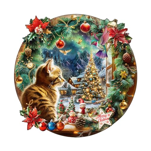 Holzpuzzle Erwachsene & Kinder: Christmas is a Cat Rundpuzzle 200 Teile - Premium Geschenkbox für Wanddekor (29 * 29cm) von Hakumata