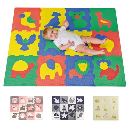 Attraktive Puzzlematte Baby 1,2x0,9m Safari Tiere – 12 Platten à 30x30cm – 20% dickere & weichere Spielmatte – schadstofffreie, geruchlose, Pflegeleichte Baby Krabbelmatte – plastikfreie Verpackung von Hakuna Matte