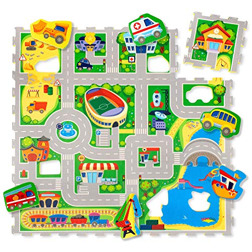 Hakuna Matte Puzzlematte für Babys Stadt 1,2x1,2m – 16 Puzzlematten mit Straßen und 11 Autos – 20% dickere Spielmatte in Einer umweltfreundlichen Verpackung – Schadstofffreie, geruchlose Krabbelmatte von Hakuna Matte