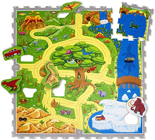 Hakuna Matte Puzzlematte für Babys Dinosaurier 1,2x1,2m – 16 Puzzlematten mit Straßen und 11 Autos – 20% dickere Spielmatte in Einer umweltfreundlichen Verpackung – Schadstofffreie, geruchlose Matte von Hakuna Matte