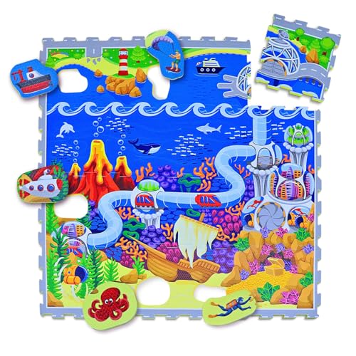 Hakuna Matte Puzzlematte für Babys Ozean 1,2x1,2m – 16 Puzzlematten mit Straßen und 11 Autos – 20% dickere Spielmatte in Einer umweltfreundlichen Verpackung – Schadstofffreie, geruchlose Krabbelmatte von Hakuna Matte