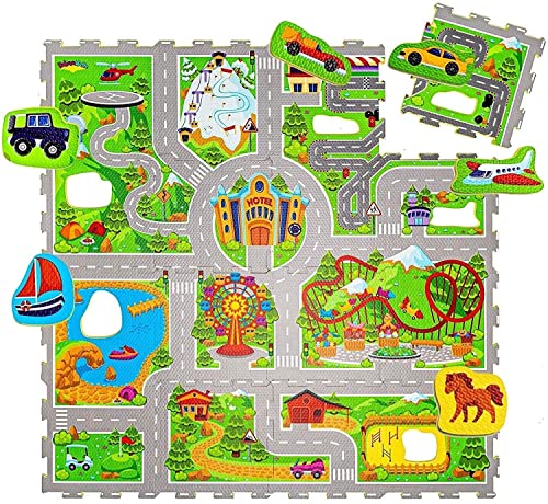 Straße Puzzlematte Baby 1,2x1,2m – Autoteppich Kinder 16 Platten, 11 Autos – 20% dickere & weichere Spielmatte – schadstofffreie, geruchlose, Pflegeleichte Baby Krabbelmatte – plastikfreie Verpackung von Hakuna Matte