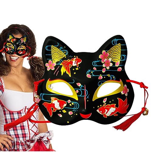 Halatua Japanische Katzen-Gesichtsmaske | Halbgesichtskatzenmaske für Cosplay, dunkle Farbserie, farbig bemalte Halloween-Gesichtsabdeckung, japanischer Stil, Tier-Gesichtsabdeckung, Halbgesichtsmaske von Halatua
