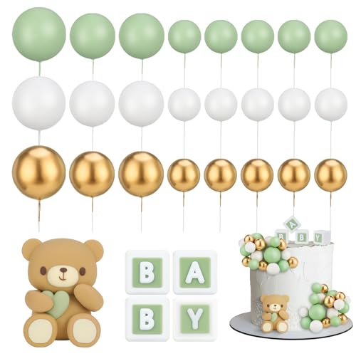 Halinuia 26 Stück Mini Tortendeko Kugeln mit Süß Bären Kuchendekoration, BABY-Buchstabe Topper Schaumstoff Ball Perlenkugel Torten Deko für Babyparty, Geburtstag,Gender Reveal Partyzubehör(Grün) von Halinuia