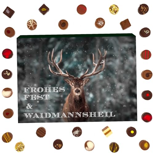 Hallingers Waidmannsheil - Adventskalender Pralinen Geschenk handmade ohne Alkohol aus Edelkakao Schokolade für Jäger (Box) - Geschenk im Sommer & als perfektes Grillgeschenk | Glückwunsch Chanukka Fr von Hallingers Genuss Manufaktur