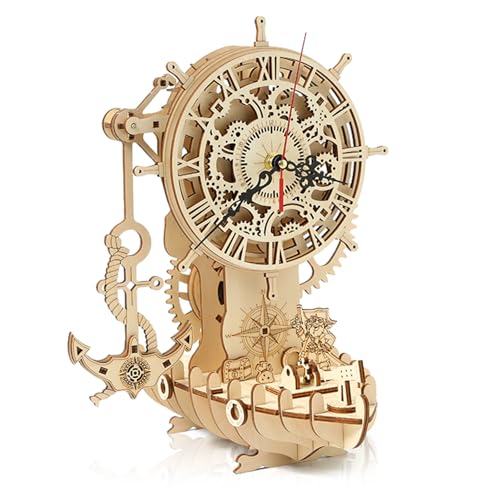 Hallisun 3D Holzpuzzle für Erwachsene, 3D Holzpuzzle Uhr Mechanischer Modellbausatz, Holz Uhr Bausatz mit Piratenschiff, Vintage Konstruktions Bastelset, DIY Weihnachtsgeburtstagsgeschenke 123 Teile von Hallisun