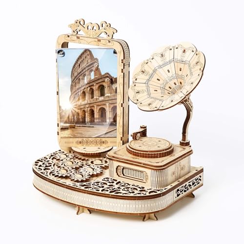 Hallisun 3D Holzpuzzle für Erwachsene, 3D Puzzle Modell Phonograph mechanischer Modellbausatz Gebäude mit 5x3.5 Fotorahmen, Vintage Modellreihe Konstruktions Bastelset, DIY Sammlungen Geschenke von Hallisun