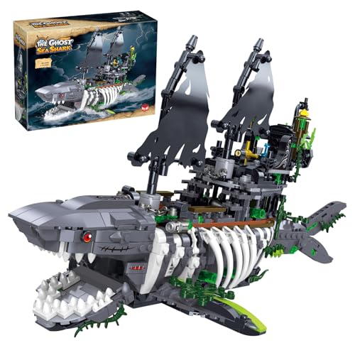 Hallisun Geister Piratenschiff Baustein, Geister Seehai Bootsmodell Mini Block Set, Selbstmontage Schiffsmodell Bausatz Spielzeug, Geschenke Wohndeko für Erwachsene und Jungen ab 8 Jahren, 1151 Teile von Hallisun