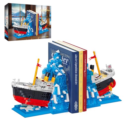 Hallisun Titanic Bausatz, Titanic Schiffsmodell, Buchständer, Baustein in normaler Größe mit Gletscher Buchstützen, Baustein Set, Spielzeug, Geschenk für Erwachsene und Kinder ab 8 Jahren, 1202 Teile von Hallisun