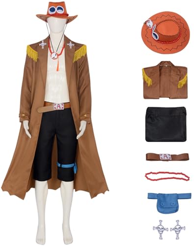 Hallojojo Ace Kostüm mit Hut Herren Cosplay Anime Pirat Kapitän Ace Uniform Set Jacke Hose Halskette Gürtel Beintasche für Fancy Dress Up Halloween Karneval Party Geburtstag Maskenball Verkleidung von Hallojojo