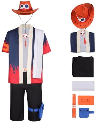 Hallojojo Ace Kostüm mit Hut Herren Cosplay Anime Pirat Kapitän Ace Uniform Set Jacke Hose Schal Armband Beintasche Gürtel für Fancy Dress Up Halloween Karneval Party Geburtstag Maskenball Verkleidung von Hallojojo