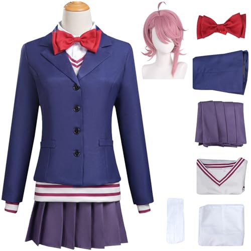 Hallojojo Aira Shiratori Kostüm Damen Cosplay Anime Dandadan Aira Shiratori Uniform Jacke Pullover Hemd Rock Fliege Socken und Perücke für Halloween Karneval Party Maskenball DAN DA DAN Verkleidung von Hallojojo