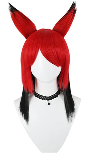 Hallojojo Alastor Cosplay Perücken Herren Rot und Schwarz Schulterlang Glatthaar Perücke mit Abnehmbar Ohren Verkleidung Hölle Hotel Radio Demon Alastor Halloween Karneval Party Maskenball Zubehör Wig von Hallojojo