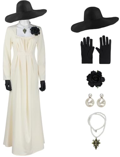 Hallojojo Alcina Dimitrescu Kostüm Damen Cosplay Spiel 8 Vampire Lady Elegant Abendkleid und Ansteckblume Handschuhe Hut Ohrringe Halskette für Halloween Karneval Party Maskerade Festkleid Verkleidung von Hallojojo