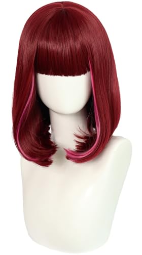 Hallojojo Arima Kana Cosplay Perücken Damen 32CM Weinrot Kurz Schulterlang Perücke mit Pony Verkleidung Arima Kana Halloween Karneval Party Maskenball Kostüm Zubehör Anime Bob Wig von Hallojojo