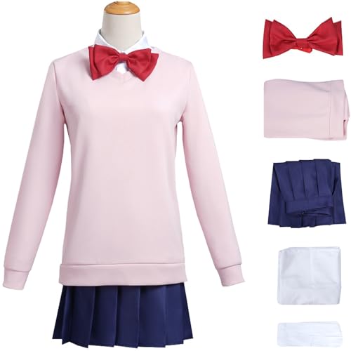 Hallojojo Ayase Momo Kostüm Damen Cosplay Dandadan Momo Ayase Uniform Set Pullover Hemd Rock Fliege Socken und Perücke für Halloween Karneval Party Maskenball Anime Show DAN DA DAN Verkleidung von Hallojojo
