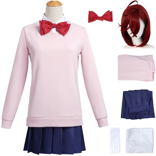 Hallojojo Ayase Momo Kostüm Damen Cosplay Dandadan Momo Ayase Uniform Set Pullover Hemd Rock Fliege Socken und Perücke für Halloween Karneval Party Maskenball Anime Show DAN DA DAN Verkleidung von Hallojojo