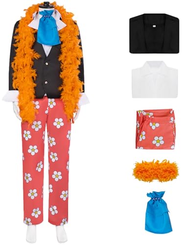 Hallojojo Brook Kostüm Herren Cosplay Pirat Anime Burukku Smoking Anzug Jacke Hemd Hose und Halstuch Schal für Fancy Dress Up Halloween Karneval Party Geburtstag Maskenball Verkleidung von Hallojojo