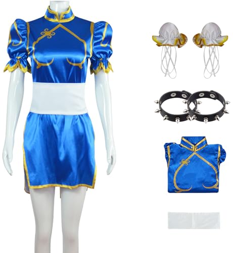 Hallojojo Chun Li Kostüm Damen Fasching Cosplay Chun Li Blau Cheongsam Kleid und Gürtel Haarschmuck Armband Set für Fancy Dress Up Halloween Karneval Party Geburtstag Maskerade Verkleidung von Hallojojo