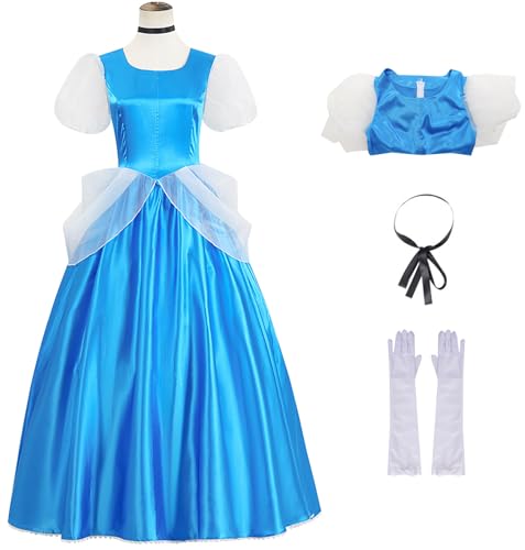 Hallojojo Damen Aschenputtel Kostüm, Lange Puffärmel Cinderella Ballkleid und Schleife Handschuhe Set für Fancy Dress Up Halloween Karneval Party Geburtstag Maskerade Abendkleid Verkleidung, Blau von Hallojojo
