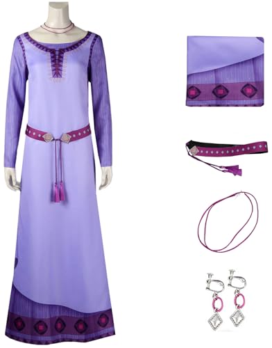 Hallojojo Damen Asha Kostüm Fasching Cosplay Wish Prinzessin Asha Kleid mit Ohrringe Halskette Gürtel für Dress Up Halloween Weihnachten Karneval Party Geburtstag Maskerade Abendkleid Verkleidung von Hallojojo