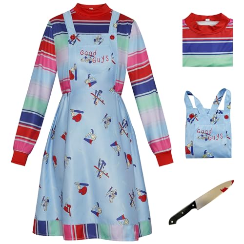 Hallojojo Damen Chucky Cosplay Kostüm Set mit Attrappen Messer Horror Killerpuppe Chucky Verkleidung Mörder Puppe Grusel Kostüm Weihnachten Halloween Karneval Party Fancy Dress Größe S-3XL von Hallojojo