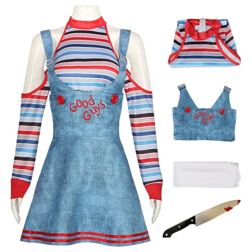 Hallojojo Damen Chucky Cosplay Kostüm Set mit Attrappen Messer Horror Killerpuppe Chucky Verkleidung Mörder Puppe Grusel Kostüm Weihnachten Halloween Karneval Party Fancy Dress Größe S-3XL von Hallojojo