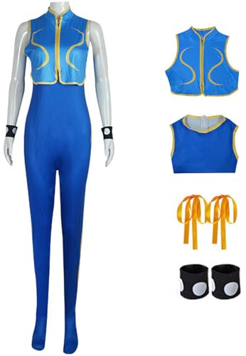 Hallojojo Damen Chun Li Cosplay Kostüm Blau Jacke Jumpsuit und Armband Schleife Set für Fancy Dress Up Halloween Karneval Party Geburtstag Maskerade Chun Li Verkleidung von Hallojojo