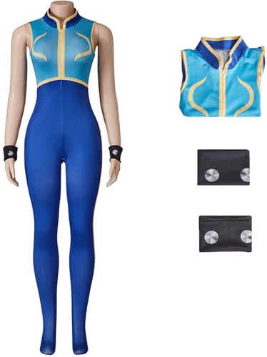 Hallojojo Damen Chun Li Cosplay Kostüm Blau Jumpsuit und Armband Set für Fancy Dress Up Halloween Karneval Party Geburtstag Maskerade Chun Li Anime Verkleidung von Hallojojo