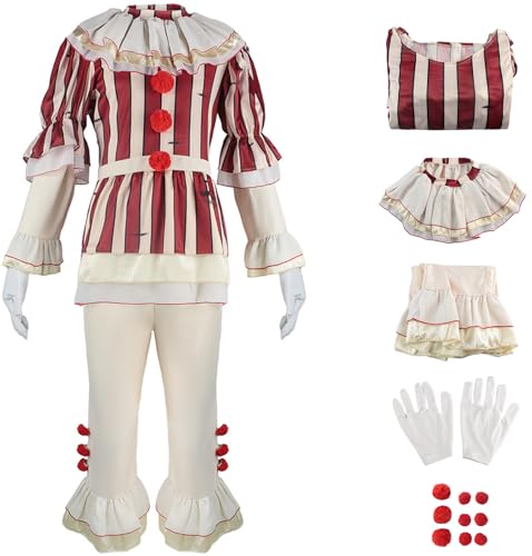 Hallojojo Damen Clown Kostüm Fasching Cosplay Horrorfilm Nachtmörder Pennywises Kostüme Streifen Top Hose und Schal Handschuhe Set für Fancy Dress Up Halloween Karneval Party Maskerade Verkleidung von Hallojojo