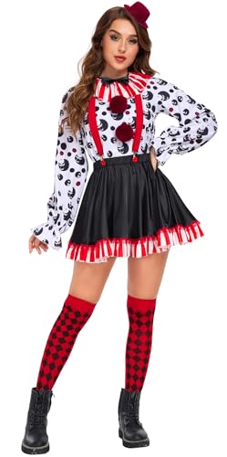 Hallojojo Damen Clown Kostüm mit Hut Fasching Cosplay Komisch Lustig Zirkus Clown Kostüme Set Top Rock Träger für Fancy Dress Up Halloween Karneval Party Maskerade Verkleidung von Hallojojo