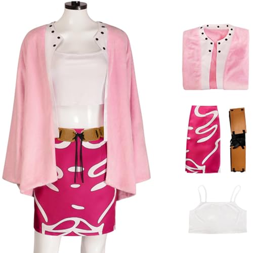 Hallojojo Damen Doflamingo Kostüm Fasching Cosplay Anime Piraten Doflamingo Uniform Set Jacke Top Hose Gürtel für Fancy Dress Up Halloween Karneval Party Maskerade Performance Verkleidung von Hallojojo