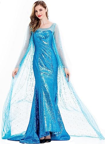 Hallojojo Damen ELSA Eiskönigin 2 Kostüm, Bodenlang Pailletten Elsa Kleider mit Umhang Weihnachten Karneval Halloween Party Fest Elsa Kostüm Verkleidung, Blau von Hallojojo