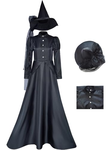 Hallojojo Damen Elphaba Cosplay Kostüm mit Hut Wicked Hexe Verkleidung Hexen Elphaba Kleid Schwarz Gothic Weihnachten Halloween Karneval Party Bühnenauftritt Fancy Dress für Erwachsene von Hallojojo
