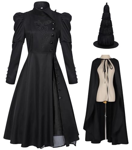 Hallojojo Damen Elphaba Cosplay Kostüm mit Umhang und Hut Wicked Hexe Verkleidung Hexen Elphaba Kostüm Schwarz Gothic Kleid Weihnachten Halloween Karneval Party Bühnenauftritt Fancy Dress von Hallojojo