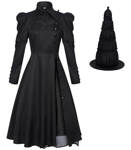 Hallojojo Damen Elphaba Cosplay Kostüm mit Umhang und Hut Wicked Hexe Verkleidung Hexen Elphaba Kostüm Schwarz Gothic Kleid Weihnachten Halloween Karneval Party Bühnenauftritt Fancy Dress von Hallojojo