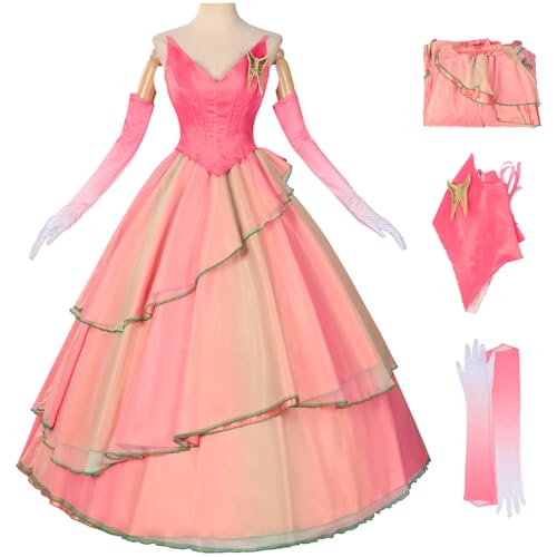 Hallojojo Damen Glinda Cosplay Kostüm Set Wicked Season 2 Verkleidung Gute Hexe Glinda Rosa Ballkleid Abendkleider Weihnachten Halloween Karneval Party Bühnenauftritt Fancy Dress Größe XS-3XL von Hallojojo