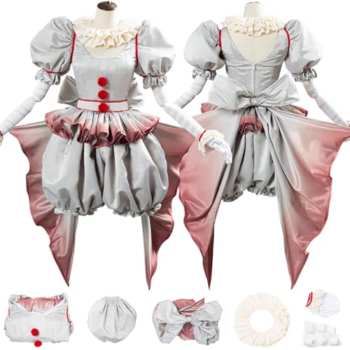 Hallojojo Damen Pennywises Kostüm Cosplay Horrorfilm Nachtmörder Pennywises Clown Kostüme Top Hose Halstuch Schleife Handschuhe Set für Dress Up Halloween Karneval Party Maskerade Verkleidung, Rot von Hallojojo