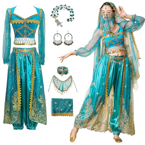Hallojojo Damen Jasmin Kostüm - Arabische Prinzessin Verkleidung Mit Zubehör - Aladdin Bauchtanz Outfit für Halloween, Karneval, Party, Bühnenauftritt - Erwachsene Hallojojo Damen Jasmin Kostüm - Arabische Prinzessin Verkleidung Mit Zubehör - Aladdin Bauchtanz Outfit für Halloween, Karneval, Party, Bühnenauftritt - Erwachsene von Hallojojo