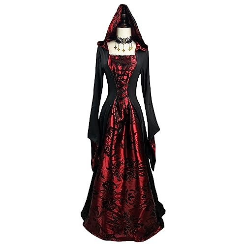 Hallojojo Damen Vampir Kostüme Gothic Vampir Graf Kostüm Hexenkleid Trompetenärmel Halloween Karneval Fasching Kostüme Vampir-Königin Verkleidung Schwarzes Rot Erwachsene Damen von Hallojojo