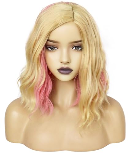 Hallojojo Enid Sinclair Cosplay Perücken Damen 36CM Farbverlauf Goldrosa Kurze Schulterlang Wellenlocken Perücke Verkleidung Wolfsfrau Enid Halloween Karneval Party Maskenball Kostüm Zubehör Anime Wig von Hallojojo