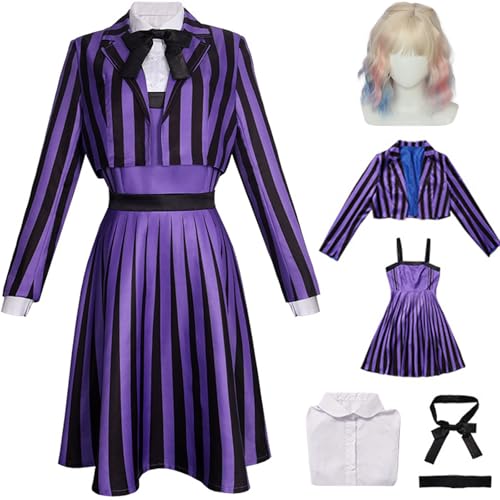 Hallojojo Enid Sinclair Kostüm Damen Cosplay Mittwoch 2 Nevermore Academy Streifen Schuluniform Jacke Hemd Kleid Fliege Gürtel und Perücke für Halloween Karneval Party Maskenball Verkleidung Hallojojo Enid Sinclair Kostüm Damen Cosplay Mittwoch 2 Nevermore Academy Streifen Schuluniform Jacke Hemd Kleid Fliege Gürtel und Perücke für Halloween Karneval Party Maskenball Verkleidung von Hallojojo