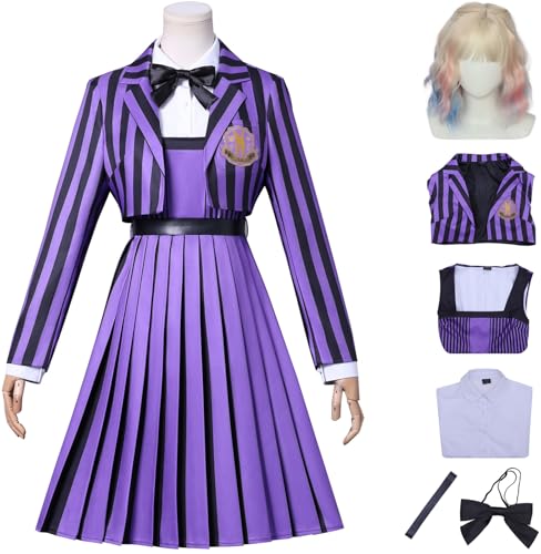 Hallojojo Enid Sinclair Kostüm Damen Cosplay Mittwoch 2 Nevermore Academy Streifen Schuluniform Set Jacke Hemd Kleid Fliege Gürtel und Perücke für Halloween Karneval Party Maskenball Verkleidung Hallojojo Enid Sinclair Kostüm Damen Cosplay Mittwoch 2 Nevermore Academy Streifen Schuluniform Set Jacke Hemd Kleid Fliege Gürtel und Perücke für Halloween Karneval Party Maskenball Verkleidung von Hallojojo