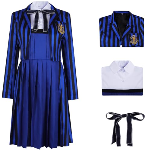 Hallojojo Enid Sinclair Kostüm Damen Cosplay Mittwoch Season 2 Nevermore Academy Streifen Schuluniform Set Jacke Kleid Fliege und Perücke für Halloween Karneval Party Geburtstag Maskenball Verkleidung von Hallojojo