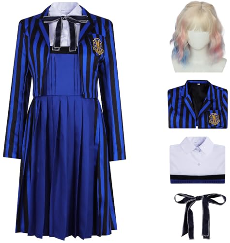 Hallojojo Enid Sinclair Kostüm Damen Cosplay Mittwoch Season 2 Nevermore Academy Streifen Schuluniform Set Jacke Kleid Fliege und Perücke für Halloween Karneval Party Geburtstag Maskenball Verkleidung Hallojojo Enid Sinclair Kostüm Damen Cosplay Mittwoch Season 2 Nevermore Academy Streifen Schuluniform Set Jacke Kleid Fliege und Perücke für Halloween Karneval Party Geburtstag Maskenball Verkleidung von Hallojojo