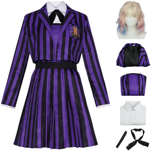 Hallojojo Enid Sinclair Kostüm Damen Cosplay Mittwoch Staffel 2 Nevermore Academy Streifen Schuluniform Jacke Hemd Kleid Fliege Gürtel und Perücke für Halloween Karneval Party Maskenball Verkleidung Hallojojo Enid Sinclair Kostüm Damen Cosplay Mittwoch Staffel 2 Nevermore Academy Streifen Schuluniform Jacke Hemd Kleid Fliege Gürtel und Perücke für Halloween Karneval Party Maskenball Verkleidung von Hallojojo