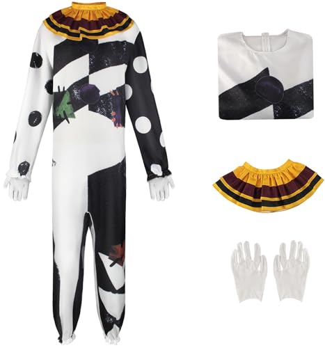 Hallojojo Erwachsene Clown Kostüm Fasching Cosplay Horrorfilm Nachtmörder Zirkus Clown Kostüme Overall Schal Handschuhe Set für Fancy Dress Up Halloween Karneval Party Maskerade Verkleidung von Hallojojo