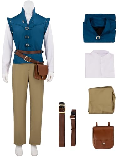 Hallojojo Flynn Rider Kostüm Herren Fasching Cosplay Rapunzel Flynn Rider Ritter Outfit Weste Hemd Hose Gürtel Tasche Set für Fancy Dress Up Halloween Karneval Party Geburtstag Maskerade Verkleidung von Hallojojo